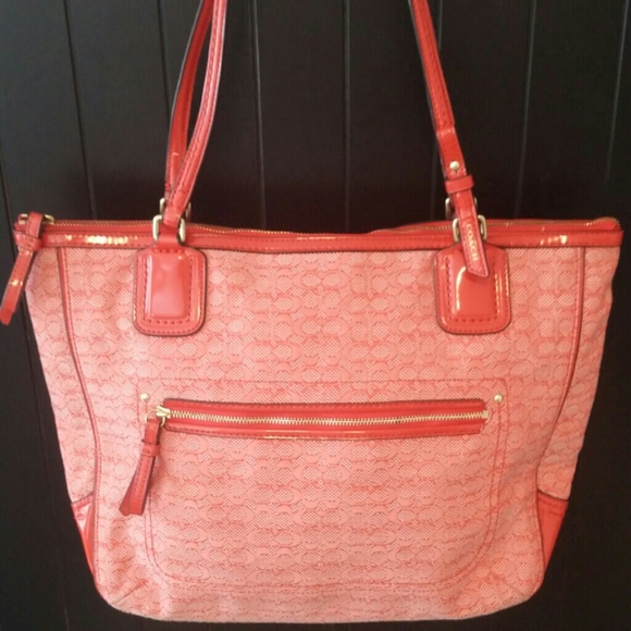 COACH Red Poppy Op Art Signature Tote Shoulder Bag