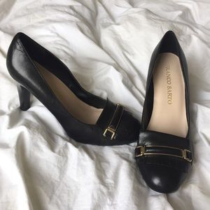 Franco Sarto black leather pumps with gold detail