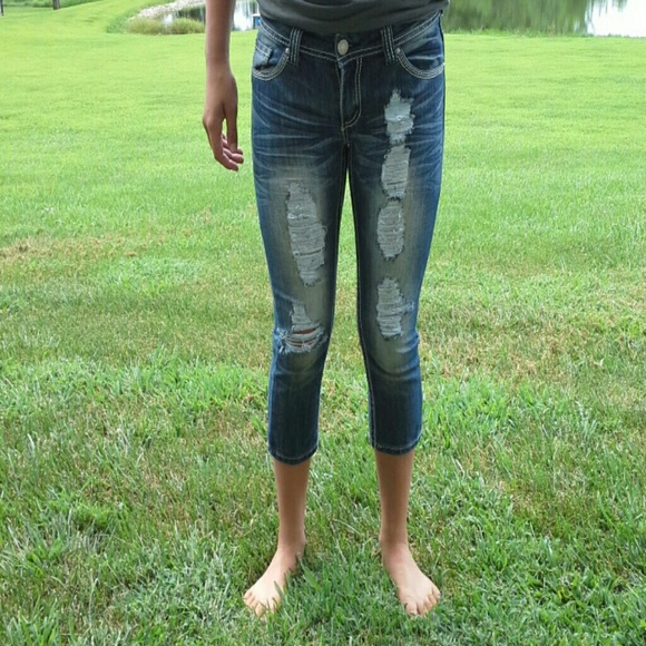 Ripped and distressed denim capri