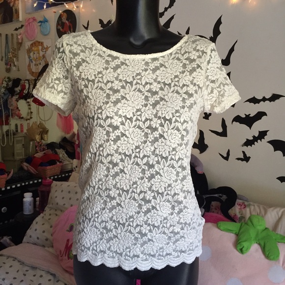 Sheer white lace top with subtle golden sparkle