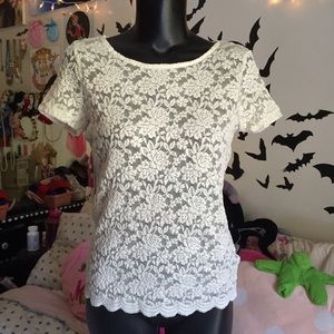 Sheer white lace top with subtle golden sparkle