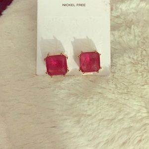 A set of large, deep pink rose colored earrings.