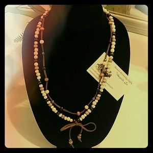 Real Pearl, Wooden Beads and Suede Necklace
