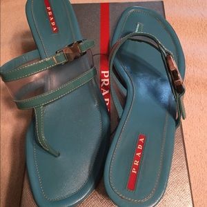 Authentic Prada turquoise blue kitten heel sandals