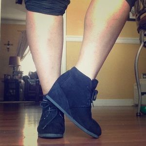 Tan and black wedge booties, both size 6