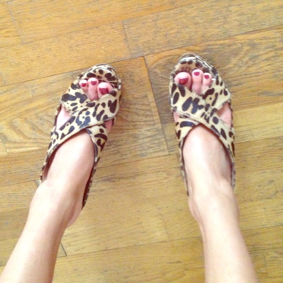 Leopard pony hair/ leather wedge mules