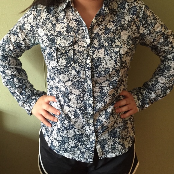 Long Sleeve, Navy Blue floral button down shirt