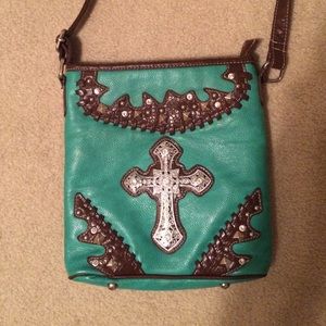 Turquoise and brown western crossbody purse