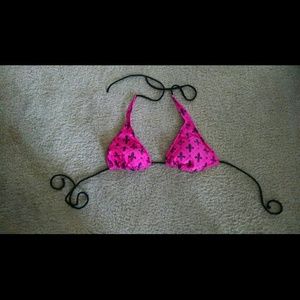 Hot pink and black fleur de lis string bikini top