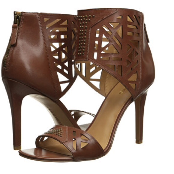 Nine West Shoes - Brown Studded Peep Toe Heel w/ Laser Cuts