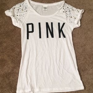 🚫❌SOLD🚫❌PINK bedazzled white t-shirt