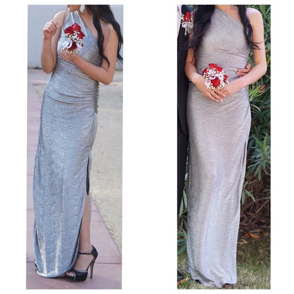 One Shoulder Silver/Platinum Gown Prom Dress