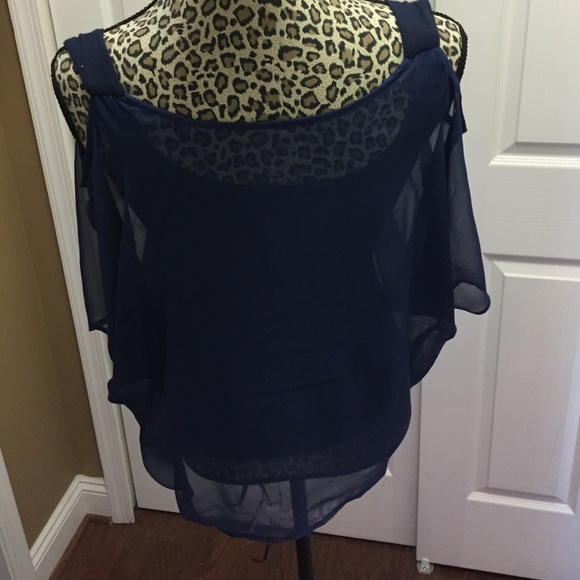 Navy blue top w shoulders out sheer over tank - Picture 3 of 4