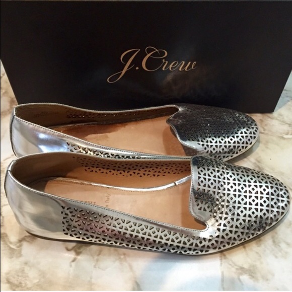 J. Crew Shoes - J.Crew Metallic Leather Perforated Silver Loafers