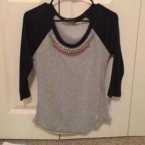 Baseball tee with beaded neckline