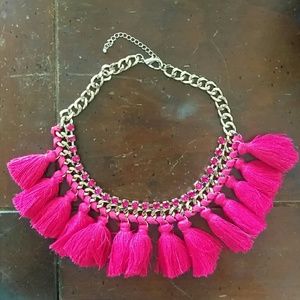 gold chain and pink tassel statement necklace