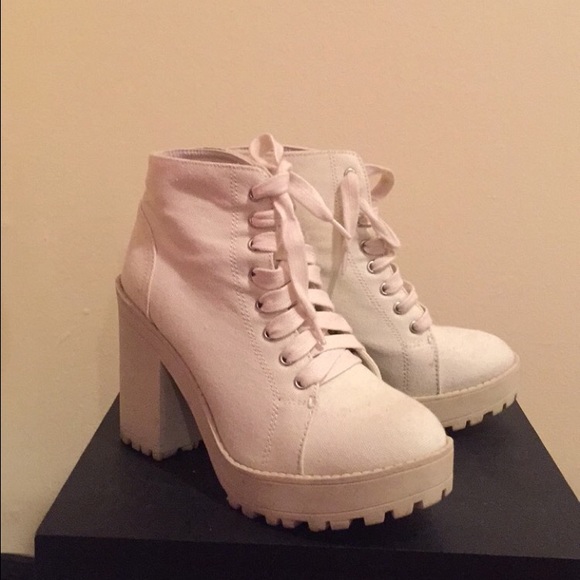 Chunky off white lace up boots