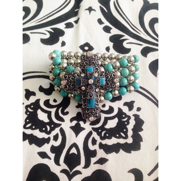4 string silver & Aqua cross bracelet