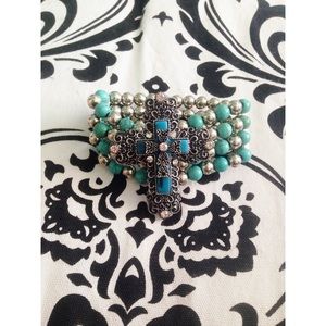 4 string silver & Aqua cross bracelet
