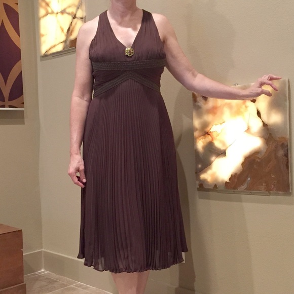 Elegant brown pleated and beaded cocktail dress