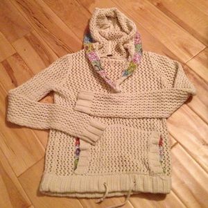 Free people ivory floral knit sweater hoodie boho