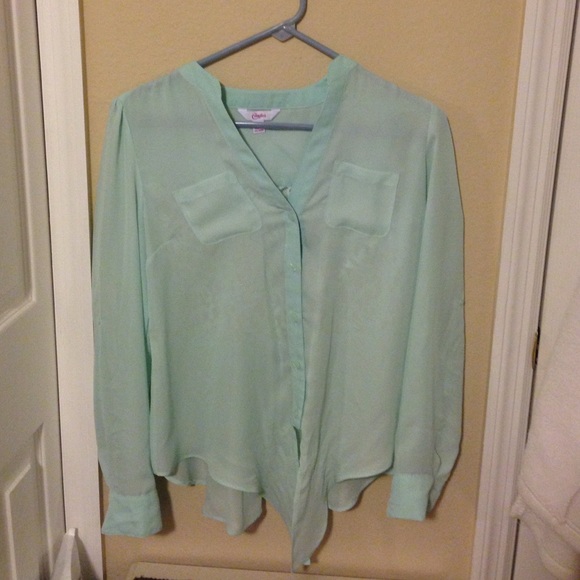 Mint button up shear top with lace back