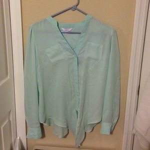 Mint button up shear top with lace back