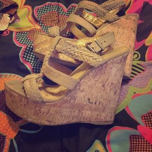 Tan wedge sandals in pristine condition