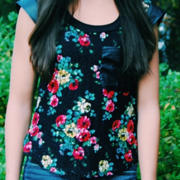 Material Girl Black and Bright Floral Lace Top - Picture 1 of 4