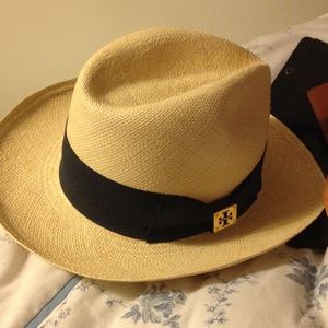 Tory Burch grosgrain fedora with navy ribbon