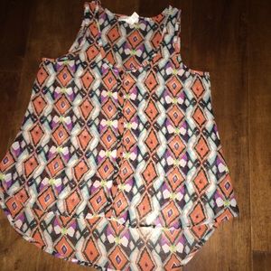 See Through Button Up Abstract Pattern Tank