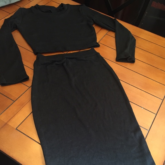 Black crop top skirt set, 2 piece thicker weight.