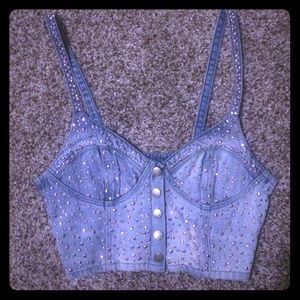 Womens denim rhinestoned crop top