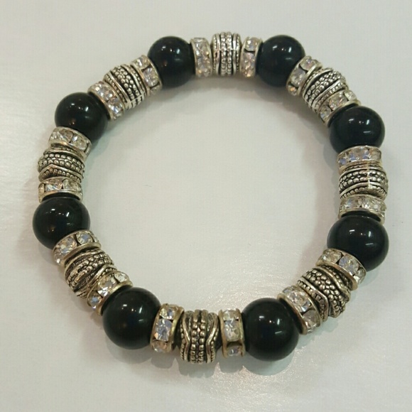 Black and silver stretch bracelet with crystals