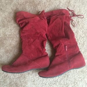 Dark red faux suede boots mid calf comfy