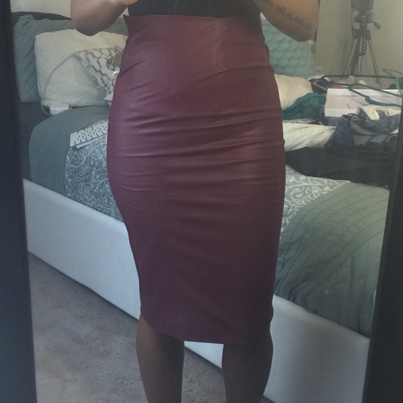 Wine pleather pencil skirt
