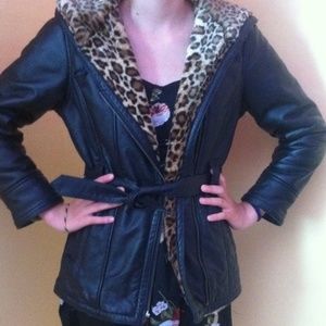 Black leather cheetah lined coat. Kid size large