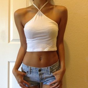 White cropped halter top with a tie