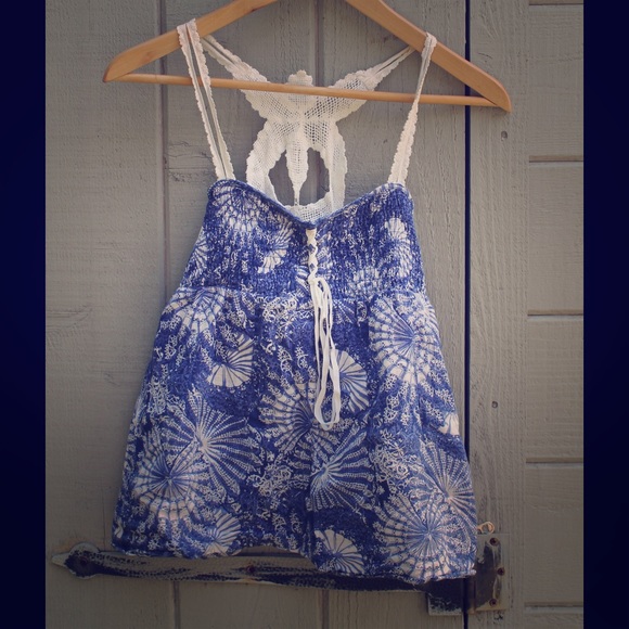 Free People Tops - 📣🎉🇺🇸 Free People Blue & White Lace Top