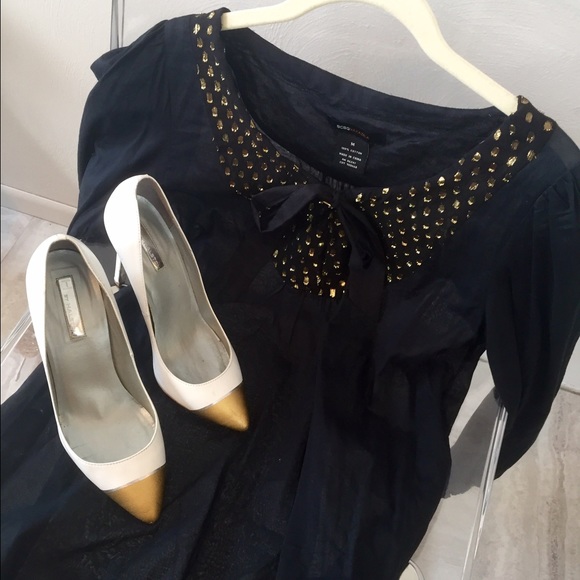 BCBG black blouse with gold polka dots sz M