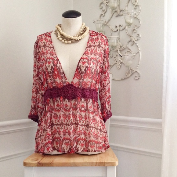 CAbi Maroon Ikat Print Silk Crochet Peasant Top