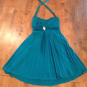Teal Pleated Halter Prom Dress w/ Tie Back