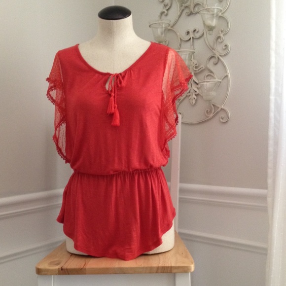 Red Jersey Tunic Top with Drawstring & Lace Detail