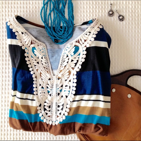 Turquoise Striped Top with Crochet Detail