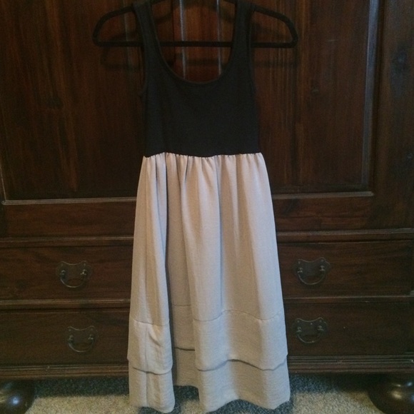 Black and taupe tea-length dress