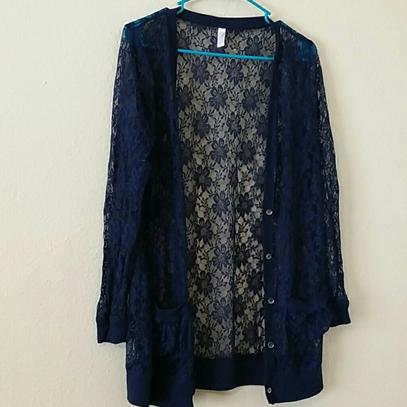XHILARATION BLUE LACE  TOP WITH TWO FRONT POCKETS