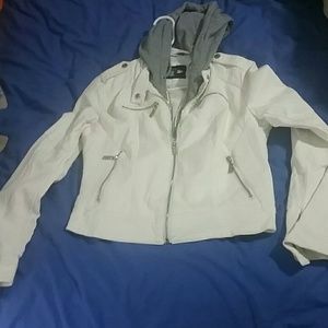 White moto jacket with grey hood attached.