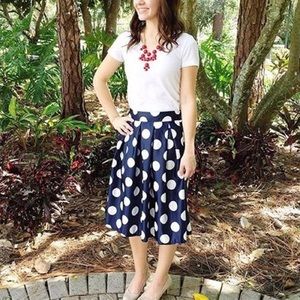 Navy w/ white polka dot midi skirt