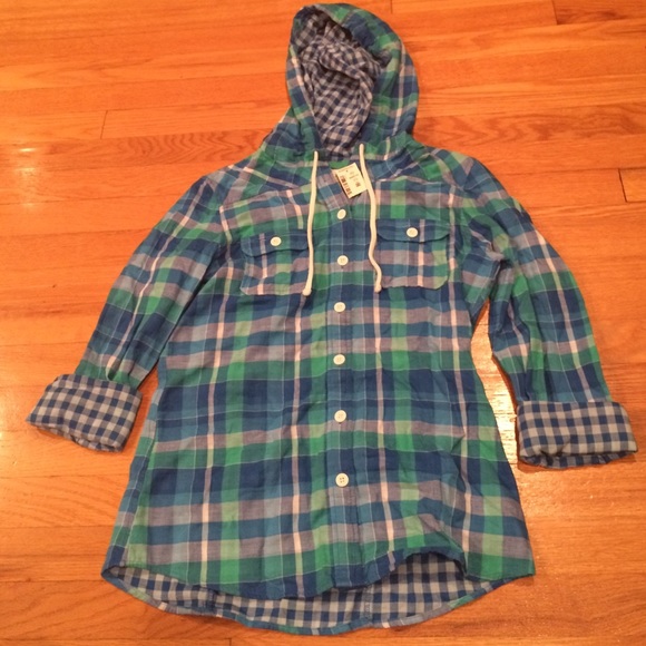 Aeropostale Green and Blue Flannel Hooded Top