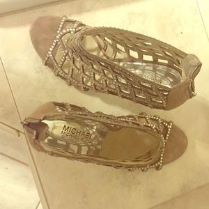 Michael Kors, crystal and suede cage pumps in nude